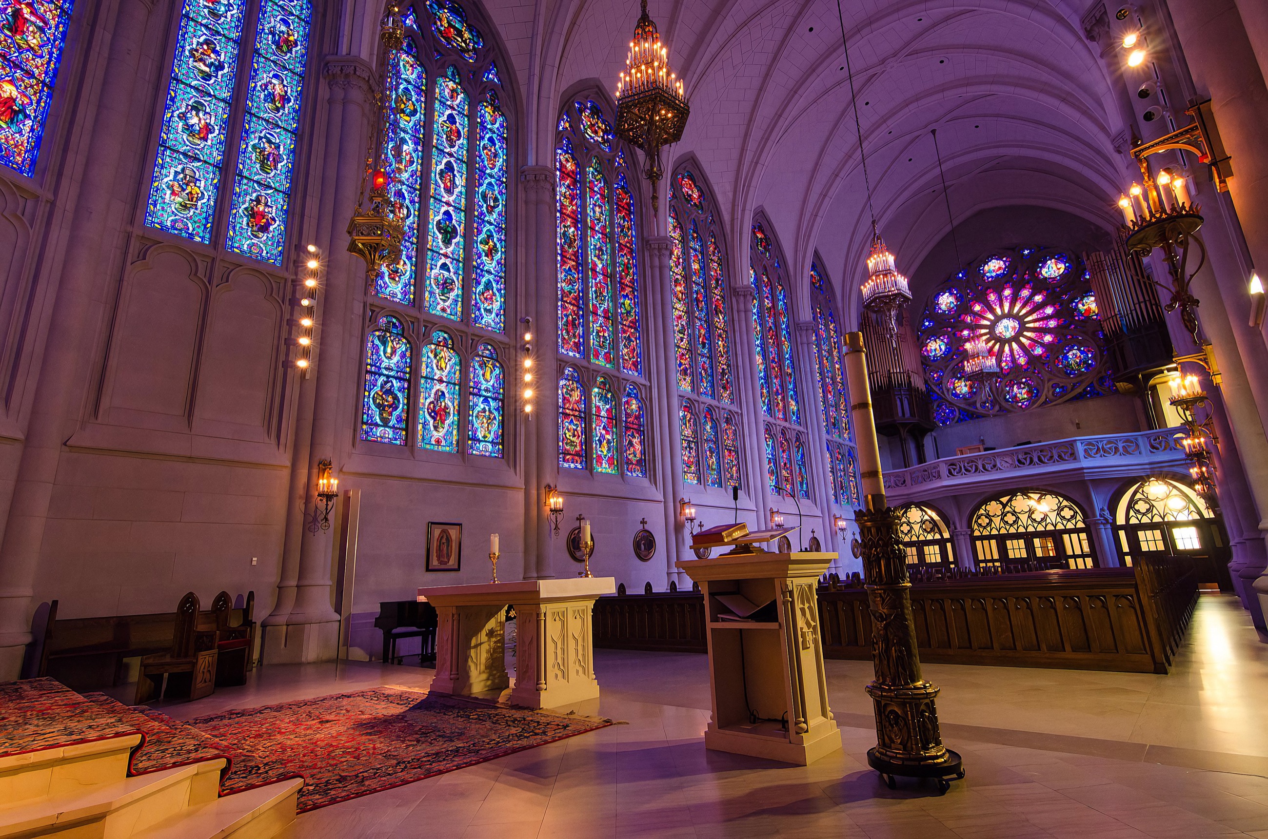 The vaulted chapel and its stained-glass windows